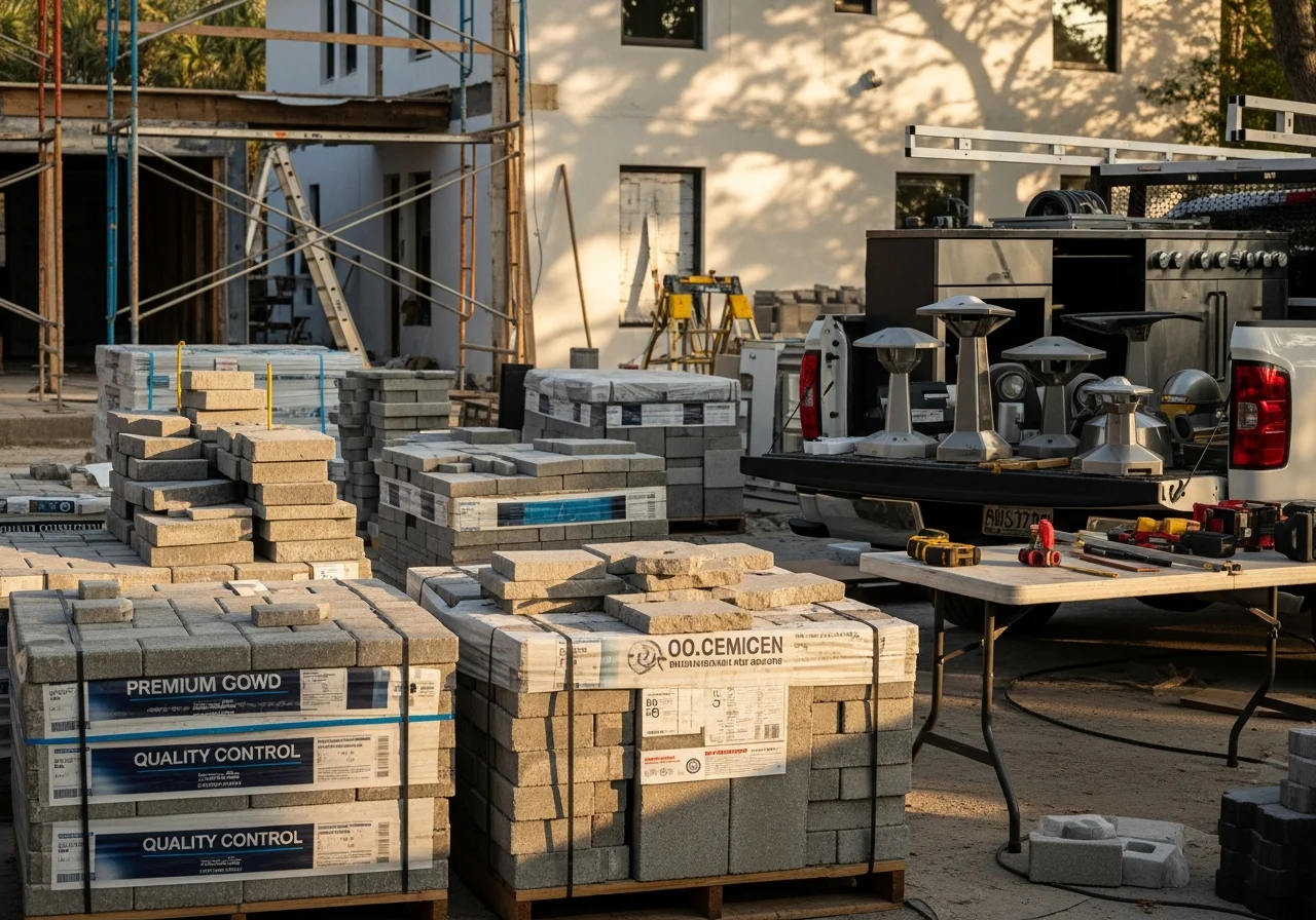 Construction crew and tools on a residential property renovation site, showcasing professional contractor readiness.