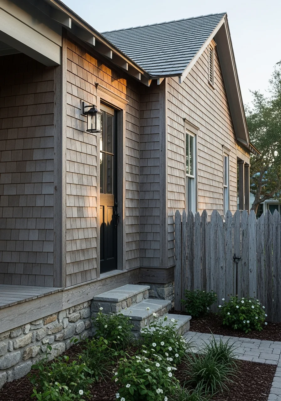 Waterfront property detail showing coastal home exterior and maritime character.
