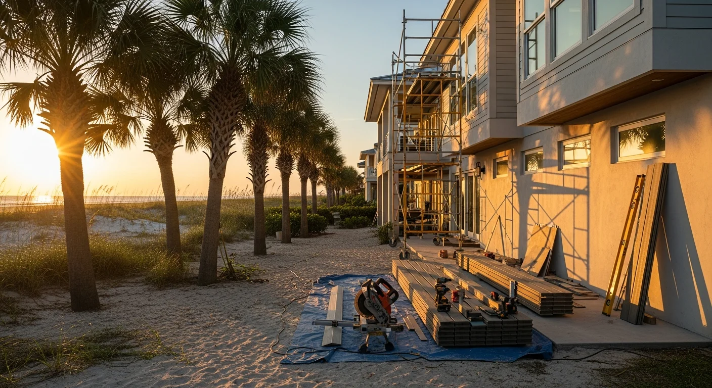 Oceanfront home in Neptune Beach with palm trees and sandy beach access visible in background.
