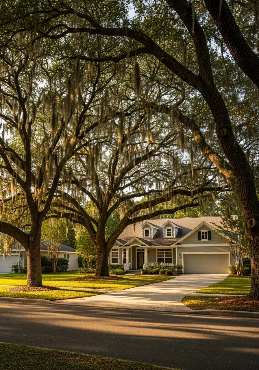 Tree-lined Orange Park street showing suburban home and community setting.