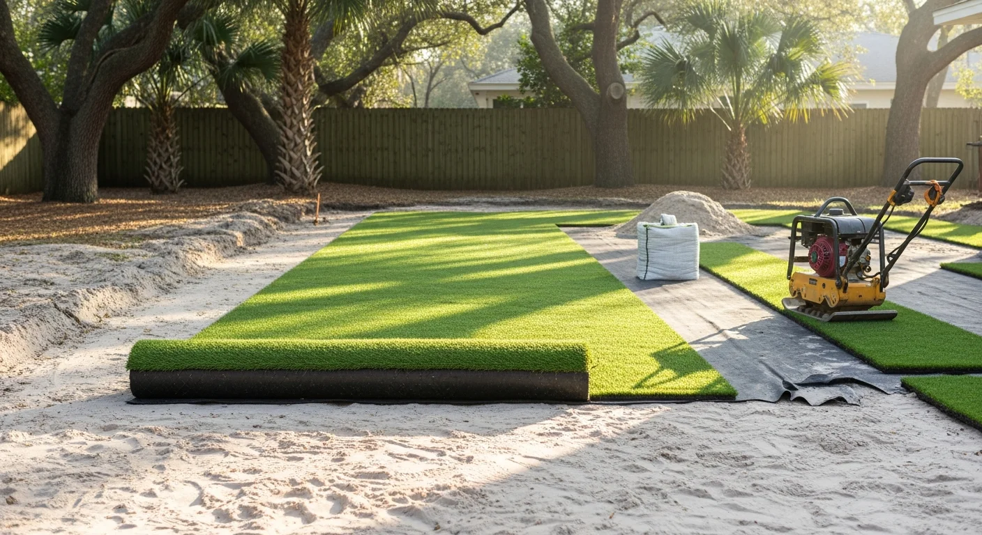 Freshly installed artificial turf covering a residential backyard in Neptune Beach, Florida, with clean edges along a concrete border and a bright green surface free of bare spots or standing water. A Team Property Solutions landscape contractor project showing a coast-ready synthetic lawn ready for everyday use.