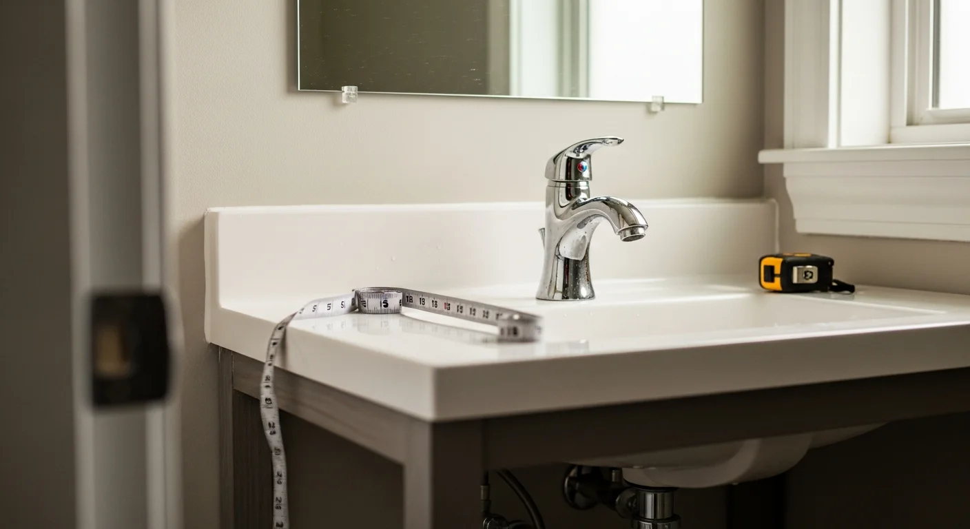 A newly installed bathroom vanity, sink, and faucet inside a compact Neptune Beach home, showing clean plumbing connections and finished tile surround. The fixture sits flush against the wall with no visible gaps, reflecting a professional installation in a coastal Florida residential bathroom.