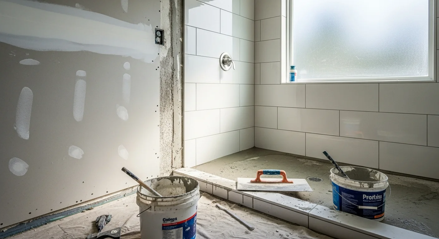 Freshly installed bathroom floor and shower wall tile in a Neptune Beach home, showing even grout lines and a clean, moisture-ready finish. The tiled shower surround and bathroom floor reflect a complete professional tile installation suited to Florida's coastal climate.