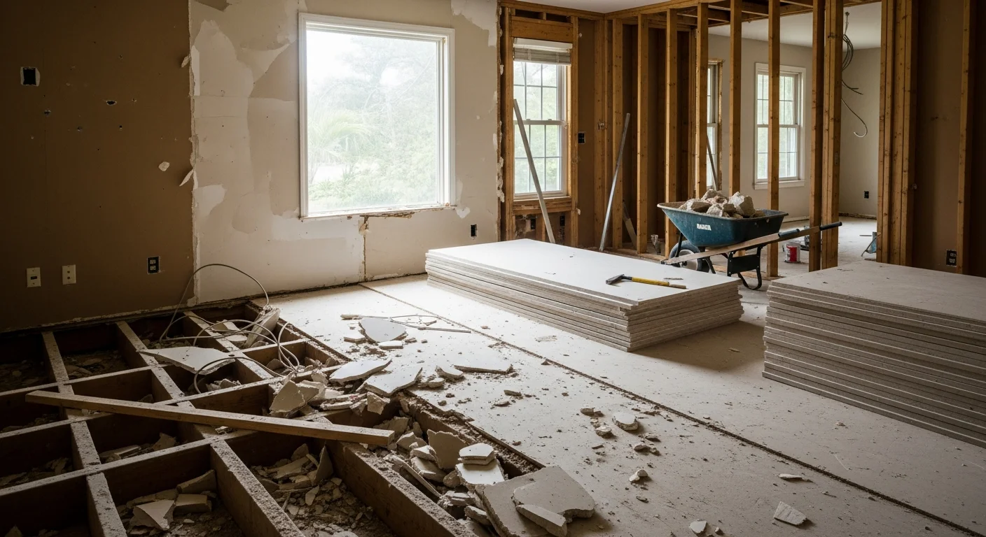 Interior of a Neptune Beach home mid-demolition, with non-load-bearing walls removed, flooring stripped, and debris staged for removal. A Team Property Solutions crew has cleared the space down to the studs in preparation for a full renovation.