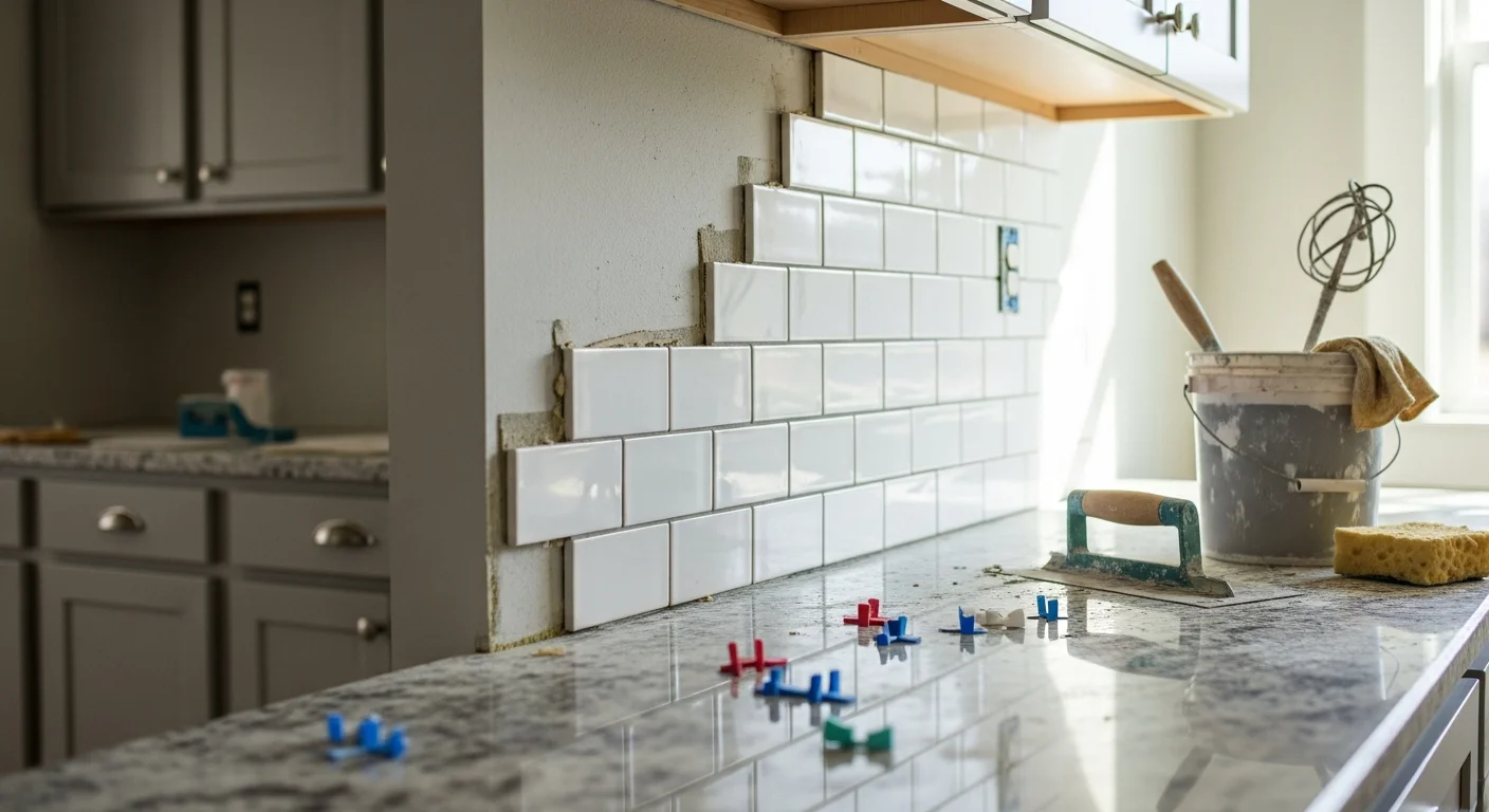 Freshly installed kitchen tile backsplash behind a sink in a Neptune Beach home, showing level grout lines and clean edges along the countertop. The tile runs from the countertop to the upper cabinets with no gaps or uneven spacing.