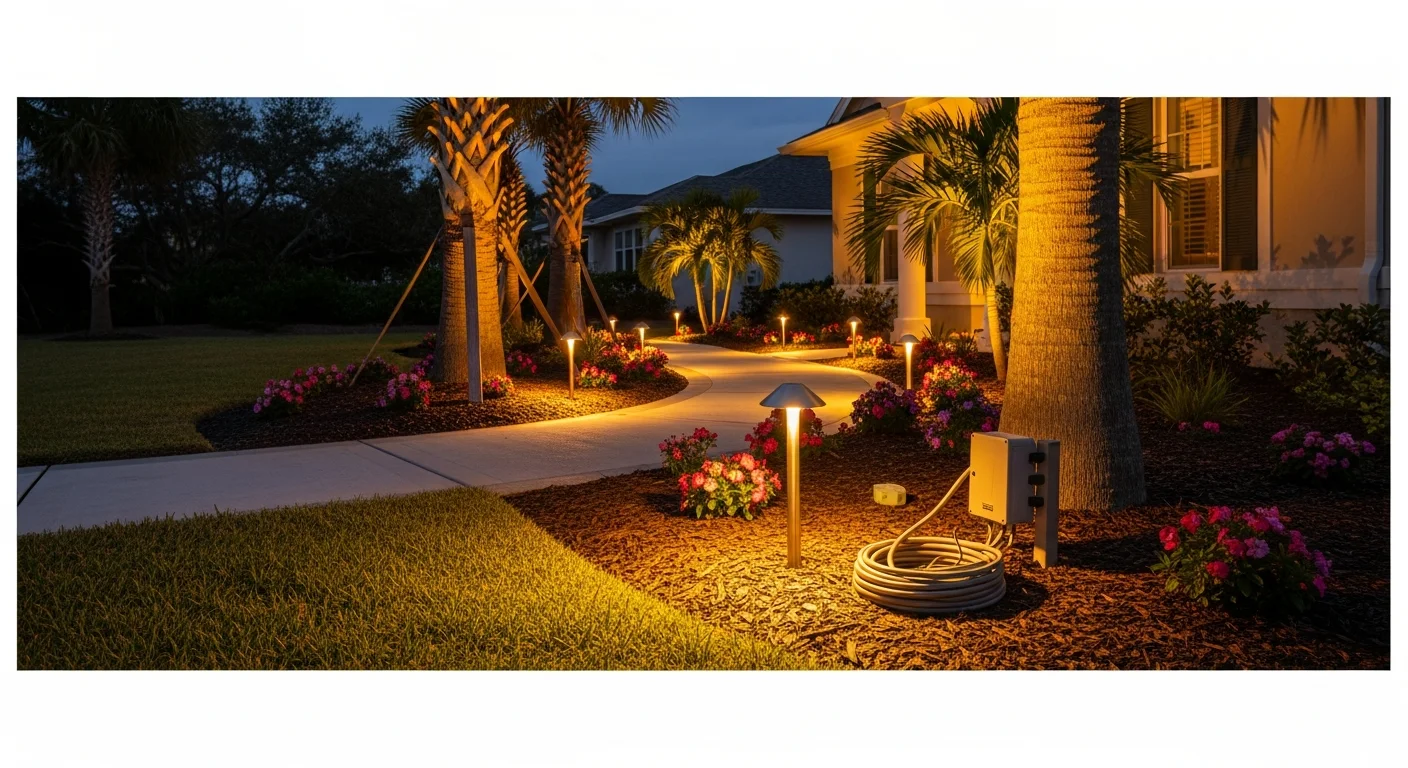 Landscape lighting installed along a walkway and garden bed at a Neptune Beach, Florida residential property, with warm accent lights illuminating palm trees and the home's front facade at dusk.