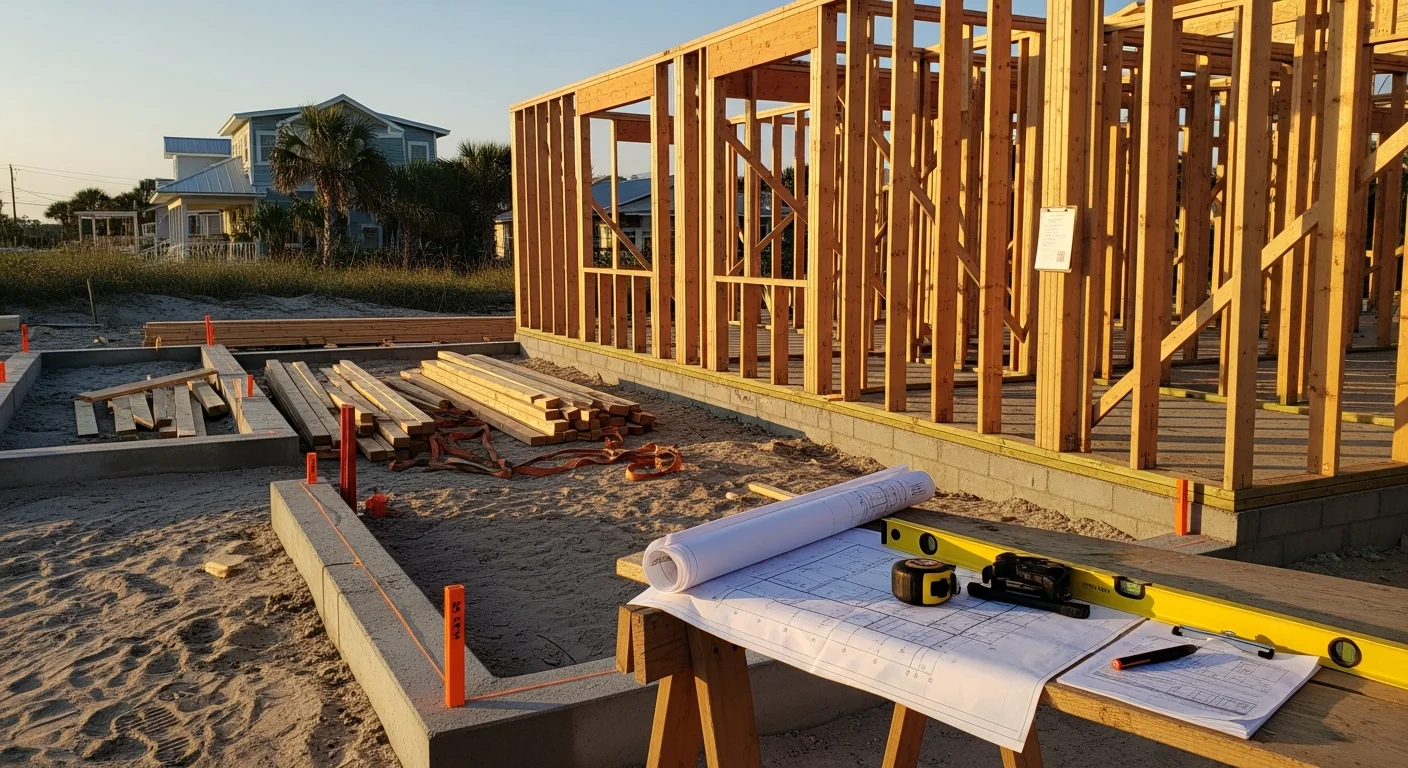 A newly completed two-story coastal home on a Neptune Beach, FL residential lot, with a raised foundation and clean exterior finish. The home sits on a compact infill lot typical of the Neptune Beach streetscape near the Atlantic coast.