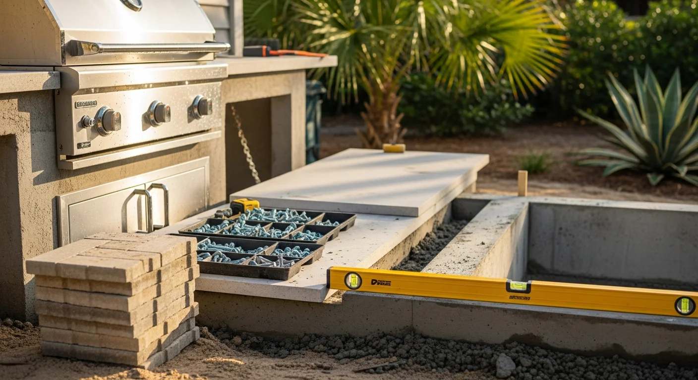 A completed custom outdoor kitchen installed in a Neptune Beach backyard, featuring a built-in grill, weather-resistant countertops, and a compact layout suited to a coastal Florida lot. The setup reflects the salt-air-ready materials and practical design used by A Team Property Solutions for Neptune Beach homeowners.