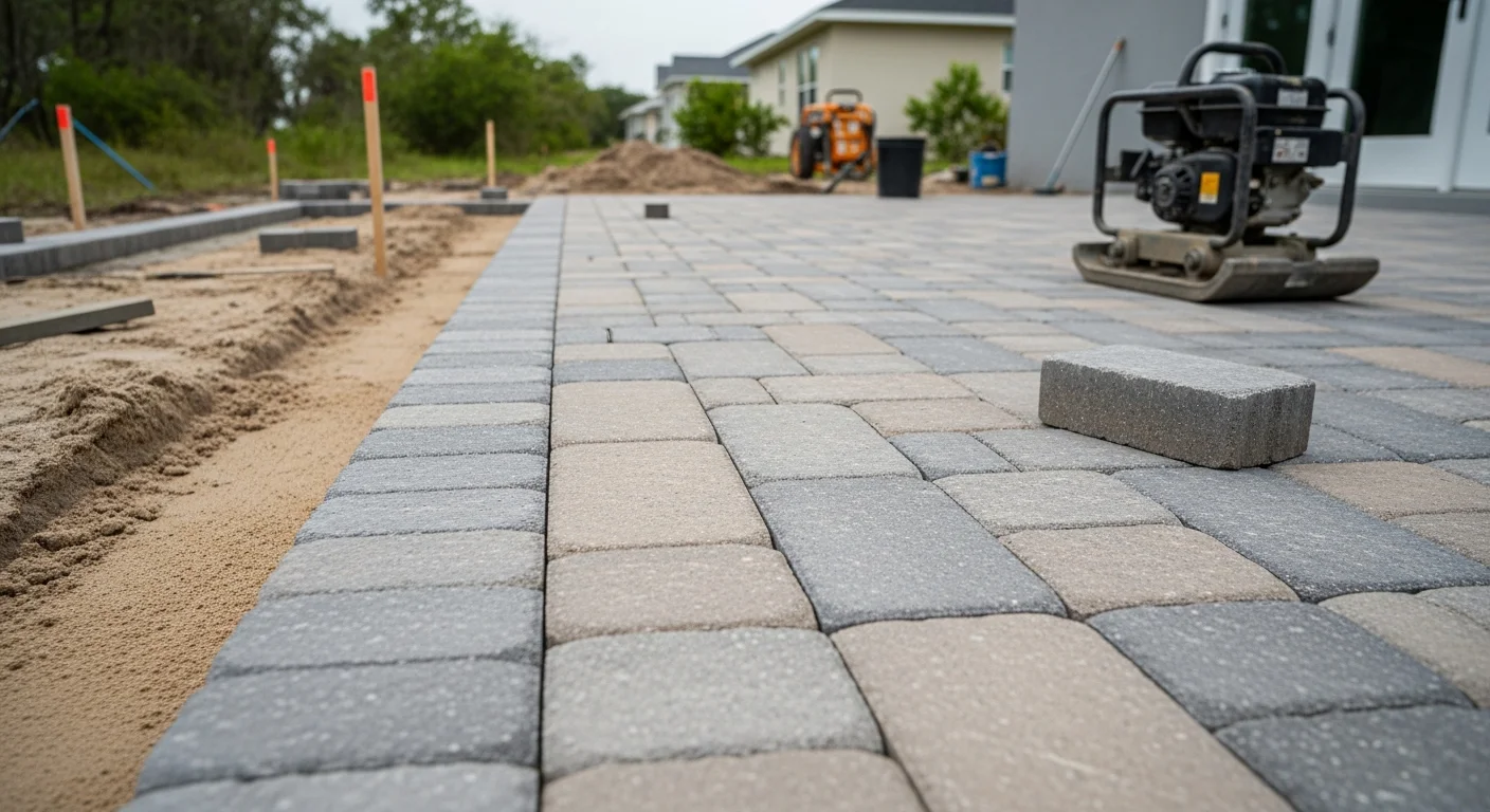 Freshly installed interlocking pavers forming a driveway and front walkway at a coastal-style home in Neptune Beach, FL. The paver surface shows consistent joint spacing and clean edge restraints suited to Florida's sandy soil conditions.